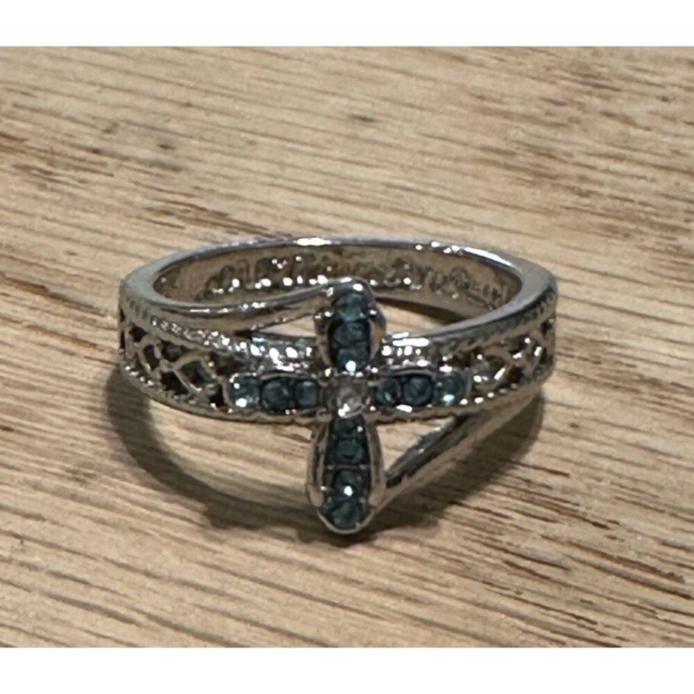 With God All Things Are Possible Engraved Blue Silver Tone Cross Ring Sz 5.5